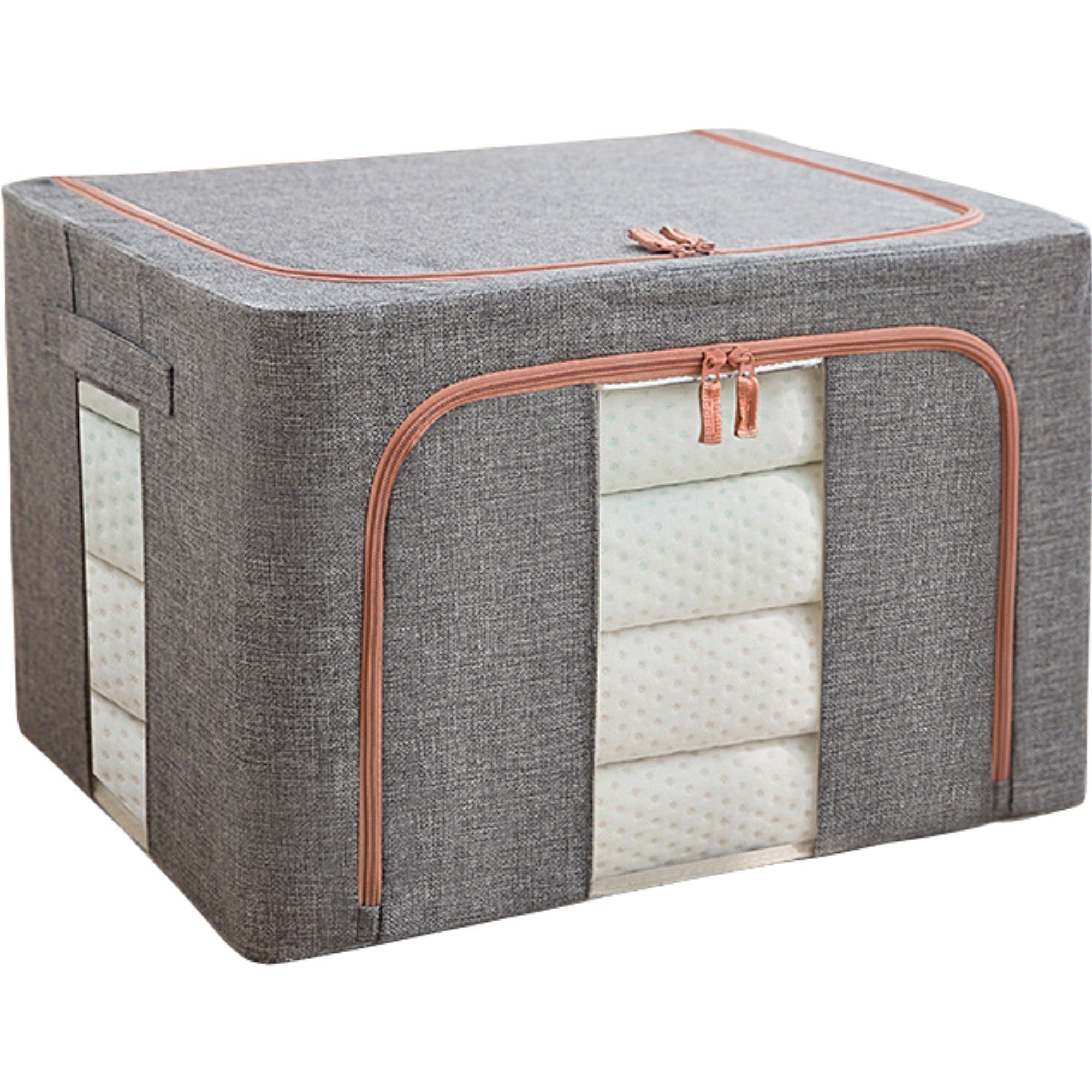 Cutie de depozitare pliabila, Kaveny, Cu fermoar, 100 L, Textil, 60x42x40 cm, Cadru Metalic, Suport Baza Stabil din Plastic, Gri, Cu doua ferestre