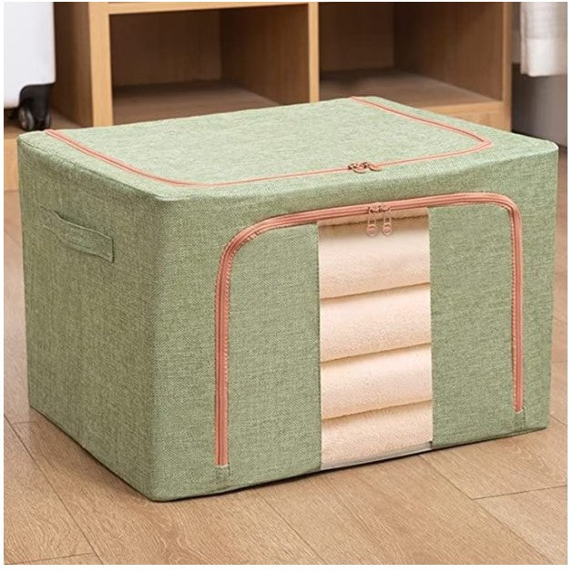 Cutie de depozitare pliabila, Kaveny, Cu fermoar, 100 L, Textil, 60x42x40 cm, Cadru Metalic, Suport Baza Stabil din Plastic, Verde