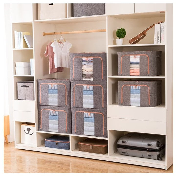 Cutie de Depozitare Pliabila, Kaveny, 24 L, din Bumbac si In, 40x30x20 cm, 2 Ferestre, Frontala si Laterala, 2 Usi de Acces cu Fermoar Bidirectional, Cadru Metalic, Suport Baza Stabil din Plastic, Gri