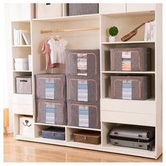 Cutie de Depozitare Pliabila, Kaveny, 24 L, din Bumbac si In, 40x30x20 cm, 2 Ferestre, Frontala si Laterala, 2 Usi de Acces cu Fermoar Bidirectional, Cadru Metalic, Suport Baza Stabil din Plastic, Gri