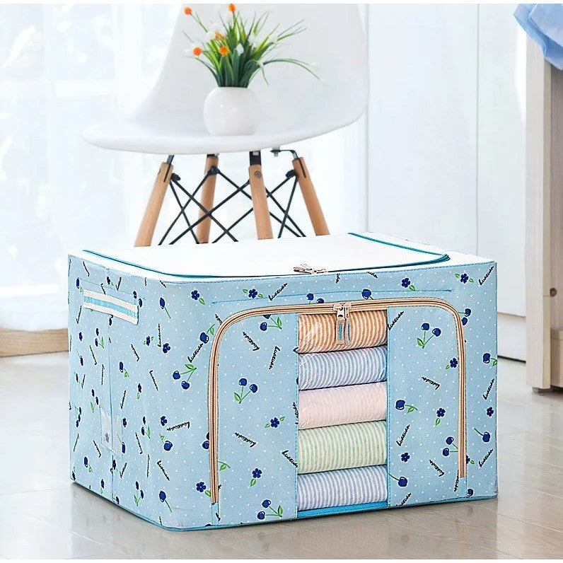 Cutie de Depozitare Pliabila, Kaveny, 24 L, Panza Oxford, 40x30x20 cm, Fereastra Frontala, 2 Usi de Acces cu Fermoar Bidirectional, Cadru Metalic, Suport Baza Stabil din Plastic, Imprimeu cirese, Albastru