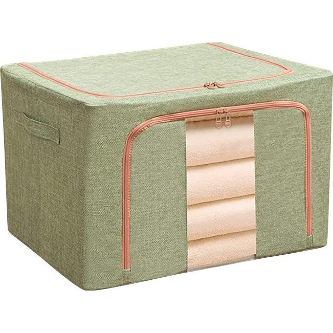 Cutie de Depozitare Pliabila, Kaveny, 24 L, din Bumbac si In, 40x30x20 cm, Fereastra Frontala, 2 Usi de Acces cu Fermoar Bidirectional, Cadru Metalic, Suport Baza Stabil din Plastic, Verde