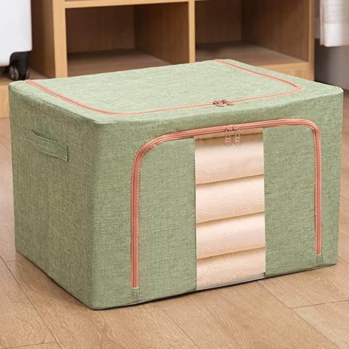 Cutie de Depozitare Pliabila, Kaveny, 24 L, din Bumbac si In, 40x30x20 cm, Fereastra Frontala, 2 Usi de Acces cu Fermoar Bidirectional, Cadru Metalic, Suport Baza Stabil din Plastic, Verde