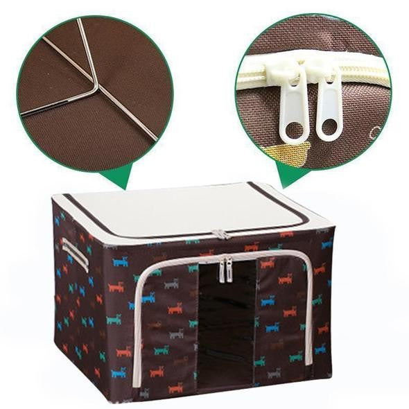 Cutie de Depozitare Pliabila, Kaveny, 24 L, Panza Oxford, 40x30x20 cm, Fereastra Frontala, 2 Usi de Acces cu Fermoar Bidirectional, Cadru Metalic, Suport Baza Stabil din Plastic, Imprimeu Catelus, Maro/Bej