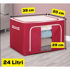 Cutie de Depozitare Pliabila, Kaveny, 24 L, Panza Oxford, 40x30x20 cm, Fereastra Frontala, 2 Usi de Acces cu Fermoar Bidirectional, Cadru Metalic, Suport Baza Stabil din Plastic, Imprimeu Buline, Rosu