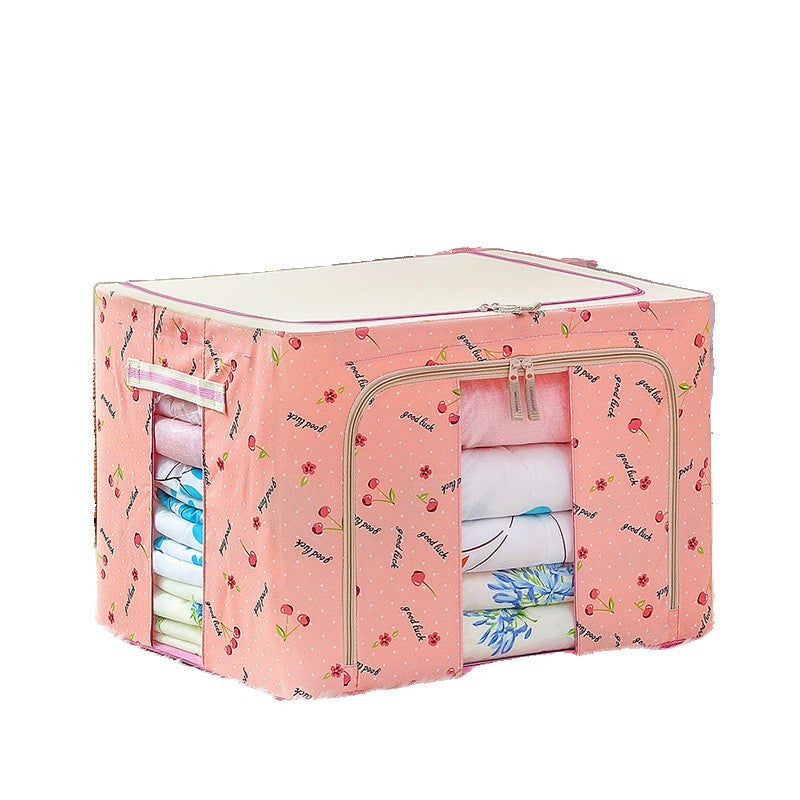 Cutie de Depozitare Pliabila, Kaveny, 24 L, Panza Oxford, 40x30x20 cm, Fereastra Frontala, 2 Usi de Acces cu Fermoar Bidirectional, Cadru Metalic, Suport Baza Stabil din Plastic, Imprimeu Cirese, Roz