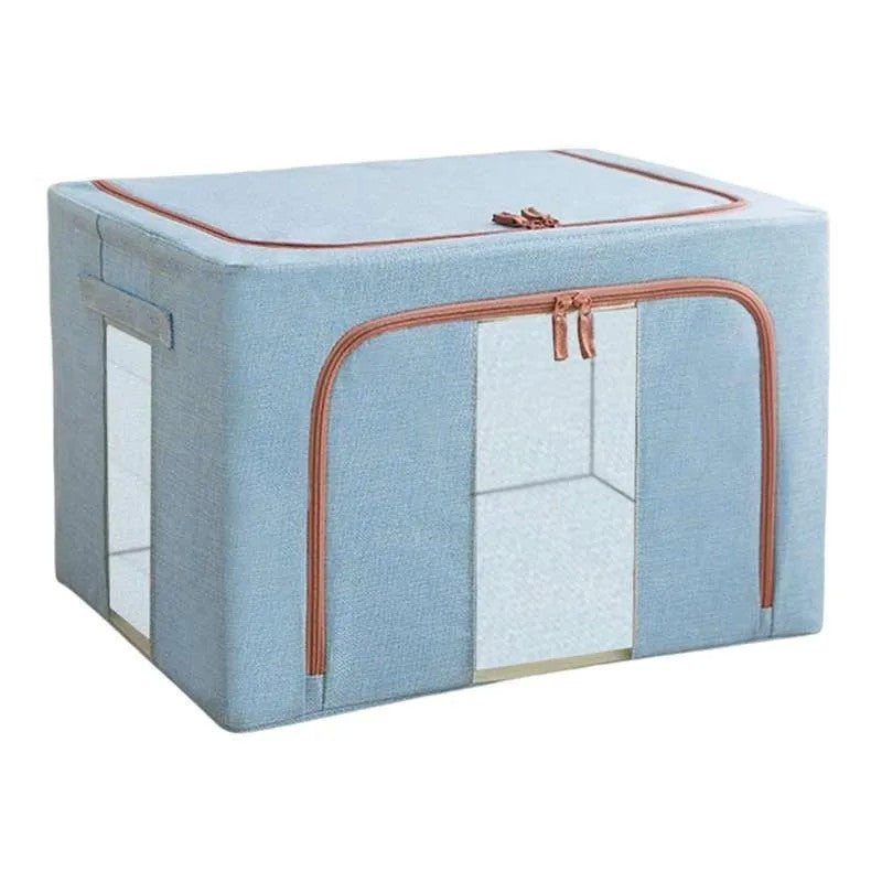 Cutie de Depozitare Pliabila, Kaveny, 66 L, din Bumbac si In, 50x40x33 cm, 2 Ferestre, Frontala si Laterala, 2 Usi de Acces cu Fermoar Bidirectional, Cadru Metalic, Suport Baza Stabil din Plastic, Bleu