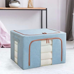 Cutie de Depozitare Pliabila, Kaveny, 66 L, din Bumbac si In, 50x40x33 cm, 2 Ferestre, Frontala si Laterala, 2 Usi de Acces cu Fermoar Bidirectional, Cadru Metalic, Suport Baza Stabil din Plastic, Bleu