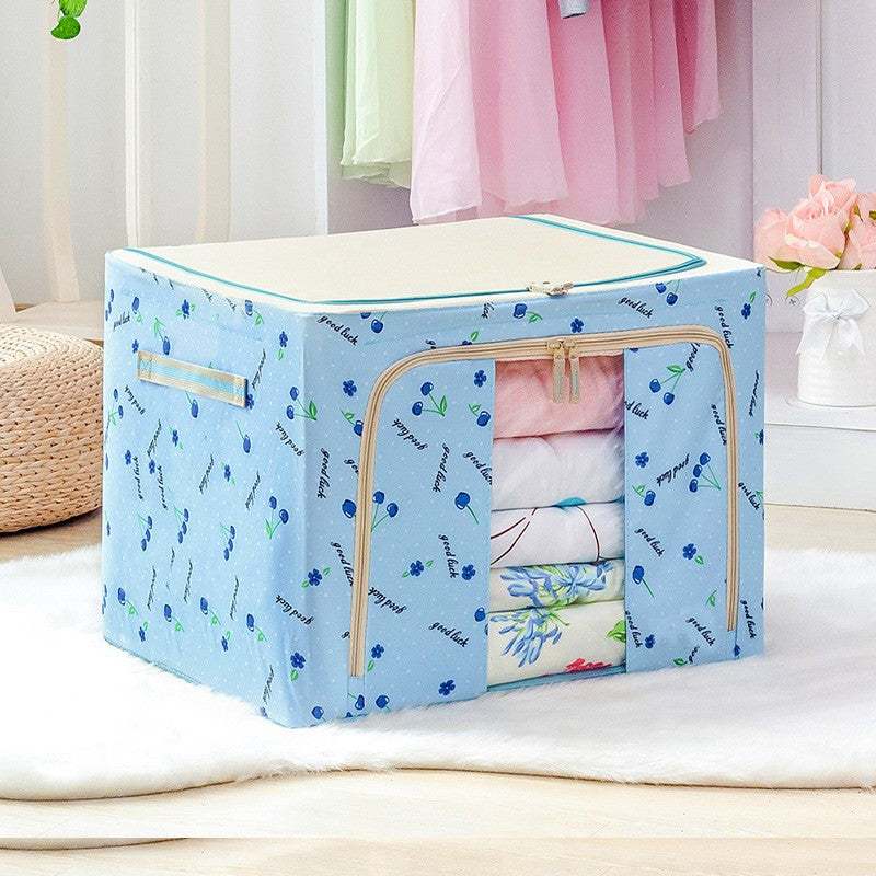 Cutie de Depozitare Pliabila, Kaveny, 66 L, din Tesatura Oxford, 50x40x33 cm, Fereastra Frontala, 2 Usi de Acces cu Fermoar Bidirectional, Cadru Metalic, Suport Baza Stabil din Plastic, Imprimeu Cirese, Albastru