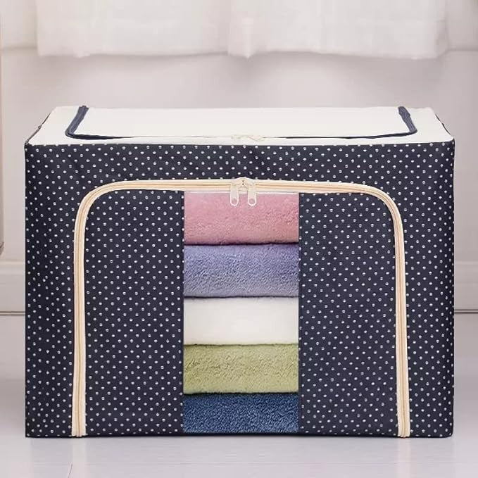 Cutie de Depozitare Pliabila, Kaveny, 66 L, din Panza Oxford, 50x40x33 cm, 2 Ferestre, Frontala si Laterala, 2 Usi de Acces cu Fermoar Bidirectional, Cadru Metalic, Suport Baza Stabil din Plastic, Imprimeu Buline, Albastru Marin