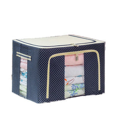 Cutie de Depozitare Pliabila, Kaveny, 66 L, din Panza Oxford, 50x40x33 cm, 2 Ferestre, Frontala si Laterala, 2 Usi de Acces cu Fermoar Bidirectional, Cadru Metalic, Suport Baza Stabil din Plastic, Imprimeu Buline, Albastru Marin