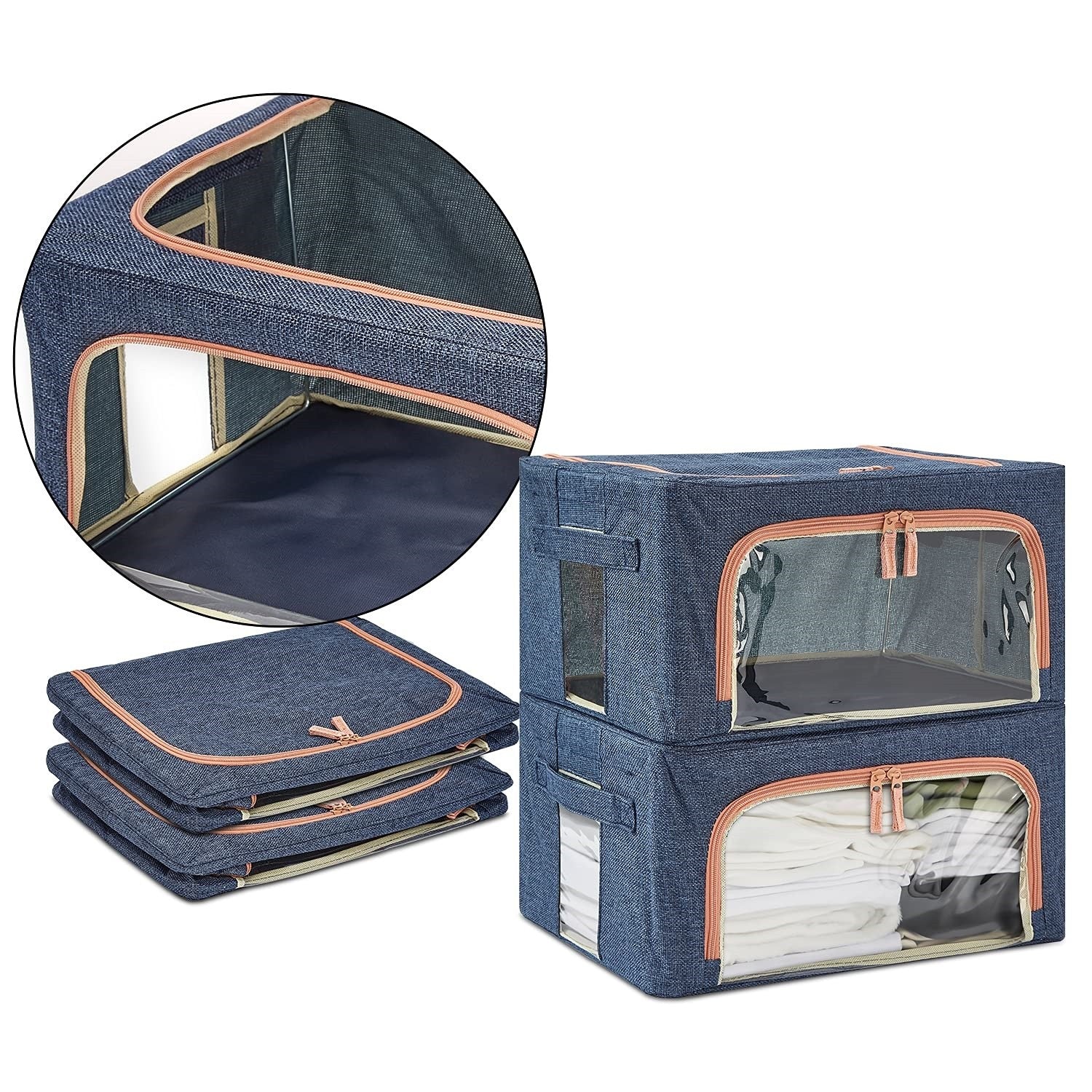 Cutie de depozitare pliabila, Kaveny, Cu fermoar, 66 L, Textil, 50x40x33 cm, Albastru Marin, Cadru Metalic, Suport Baza Stabil din Plastic, Cu doua ferestre