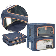 Cutie de depozitare pliabila, Kaveny, Cu fermoar, 66 L, Textil, 50x40x33 cm, Albastru Marin, Cadru Metalic, Suport Baza Stabil din Plastic, Cu doua ferestre