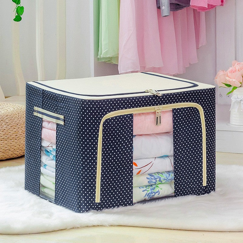 Cutie de Depozitare Pliabila, Kaveny, 66 L, din Panza Oxford, 50x40x33 cm, 2 Ferestre, Frontala si Laterala, 2 Usi de Acces cu Fermoar Bidirectional, Cadru Metalic, Suport Baza Stabil din Plastic, Imprimeu Buline, Albastru Marin
