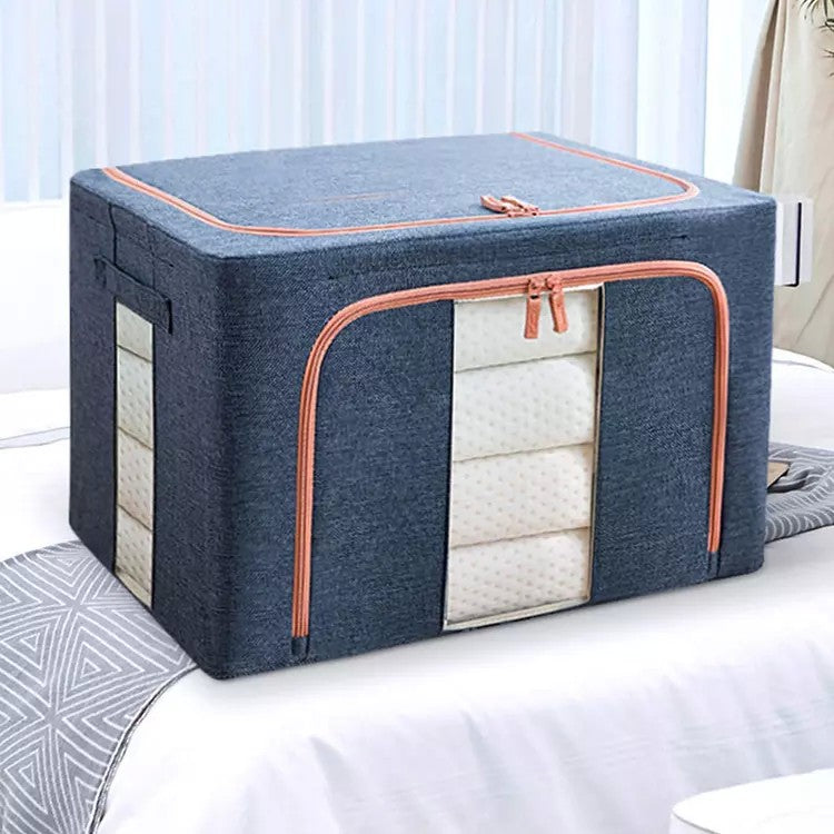Cutie de depozitare pliabila, Kaveny, Cu fermoar, 66 L, Textil, 50x40x33 cm, Albastru Marin, Cadru Metalic, Suport Baza Stabil din Plastic, Cu doua ferestre