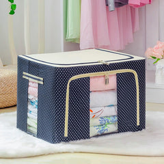 Cutie de Depozitare Pliabila, Kaveny, 66 L, din Panza Oxford, 50x40x33 cm, 2 Ferestre, Frontala si Laterala, 2 Usi de Acces cu Fermoar Bidirectional, Cadru Metalic, Suport Baza Stabil din Plastic, Imprimeu Buline, Albastru Marin