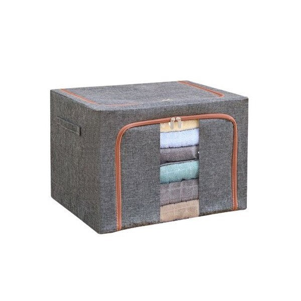 Cutie de Depozitare Pliabila, Kaveny, 66 L, din Bumbac si In, 50x40x33 cm, Fereastra Frontala, 2 Usi de Acces cu Fermoar Bidirectional, Cadru Metalic, Suport Baza Stabil din Plastic, Gri
