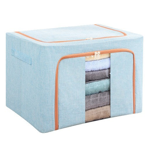 Cutie de Depozitare Pliabila, Kaveny, 66 L, din Bumbac si In, 50x40x33 cm, Fereastra Frontala, 2 Usi de Acces cu Fermoar Bidirectional, Cadru Metalic, Suport Baza Stabil din Plastic, Bleu