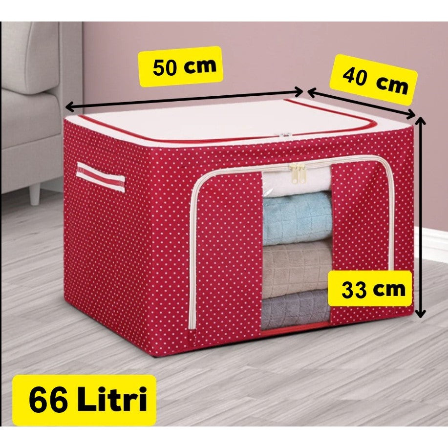 Cutie de Depozitare Pliabila, Kaveny, 66 L, din Tesatura Oxford, 50x40x33 cm, Fereastra Frontala, 2 Usi de Acces cu Fermoar Bidirectional, Cadru Metalic, Suport Baza Stabil din Plastic, Imprimeu Buline, Rosu