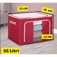 Cutie de Depozitare Pliabila, Kaveny, 66 L, din Tesatura Oxford, 50x40x33 cm, Fereastra Frontala, 2 Usi de Acces cu Fermoar Bidirectional, Cadru Metalic, Suport Baza Stabil din Plastic, Imprimeu Buline, Rosu