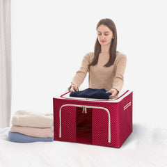 Cutie de Depozitare Pliabila, Kaveny, 66 L, din Tesatura Oxford, 50x40x33 cm, Fereastra Frontala, 2 Usi de Acces cu Fermoar Bidirectional, Cadru Metalic, Suport Baza Stabil din Plastic, Imprimeu Buline, Rosu