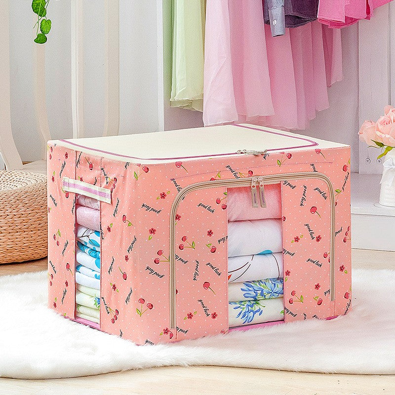 Cutie de Depozitare Pliabila, Kaveny, 66 L, din Tesatura Oxford, 50x40x33 cm, 2 Ferestre, Frontala si Laterala, 2 Usi de Acces cu Fermoar Bidirectional, Cadru Metalic, Suport Baza Stabil din Plastic, Imprimeu Cirese, Roz