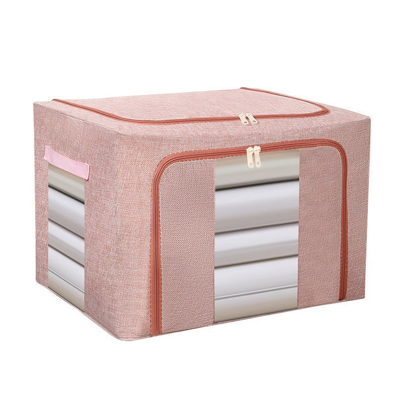 Cutie de Depozitare Pliabila, Kaveny, 66 L, din Bumbac si In, 50x40x33 cm, 2 Ferestre, Frontala si Laterala, 2 Usi de Acces cu Fermoar Bidirectional, Cadru Metalic, Suport Baza Stabil din Plastic, Roz Pudrat