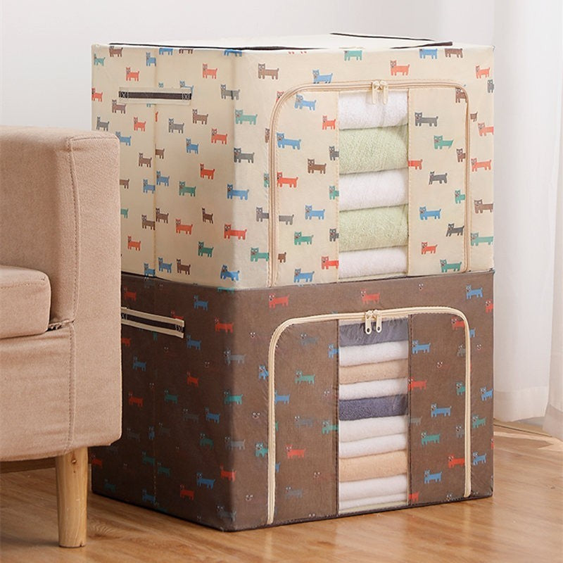 Cutie de Depozitare Pliabila, Kaveny, 24 L, Panza Oxford, 40x30x20 cm, Fereastra Frontala, 2 Usi de Acces cu Fermoar Bidirectional, Cadru Metalic, Suport Baza Stabil din Plastic, Imprimeu Catelus, Maro/Bej