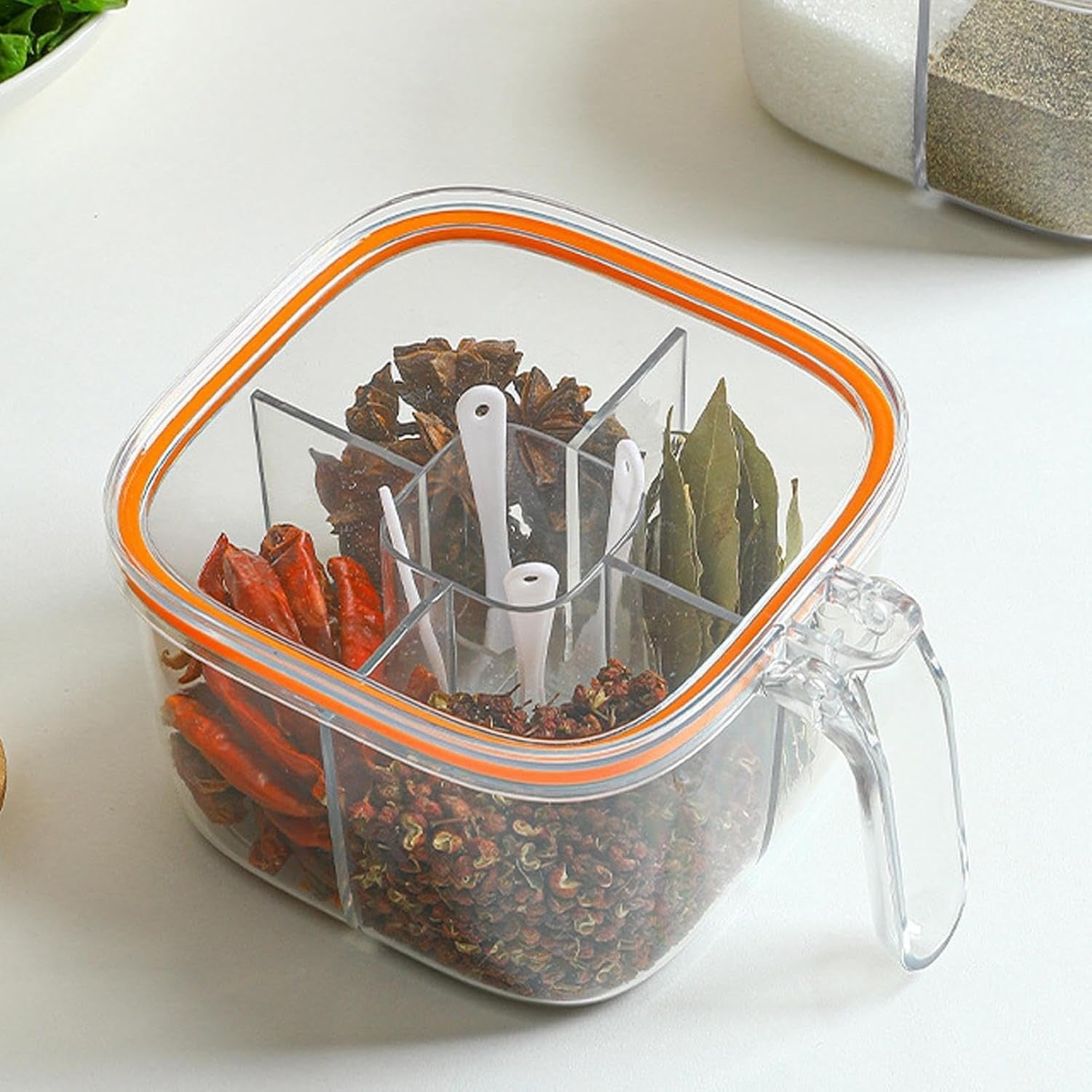 Cutie Depozitare Alimente, Kadeny, din Plastic/Silicon, 20 x 10 x 10 cm, 5 Compartimente, Alb/Portocaliu