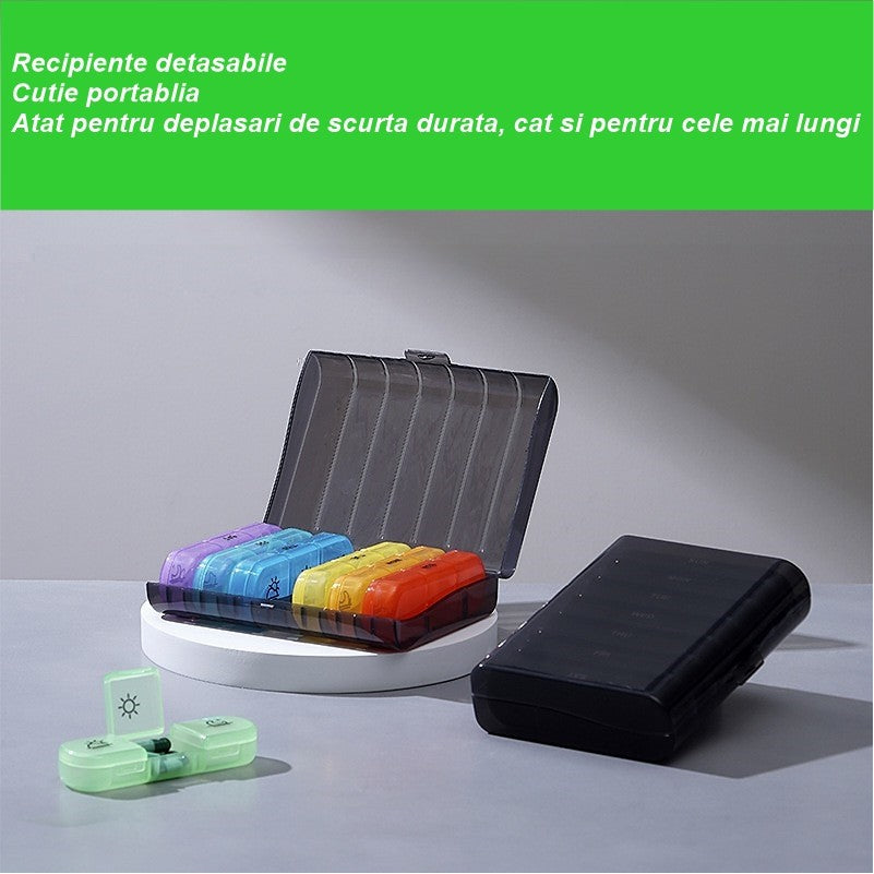 Cutie Depozitare Medicamente, Kaveny, 7 Zile, 21 Compartimente, Cutie Suport, Recipiente Detasabile, Portabila, Recipiente Colorate, Cutie Neagra, 15.6x12 cm