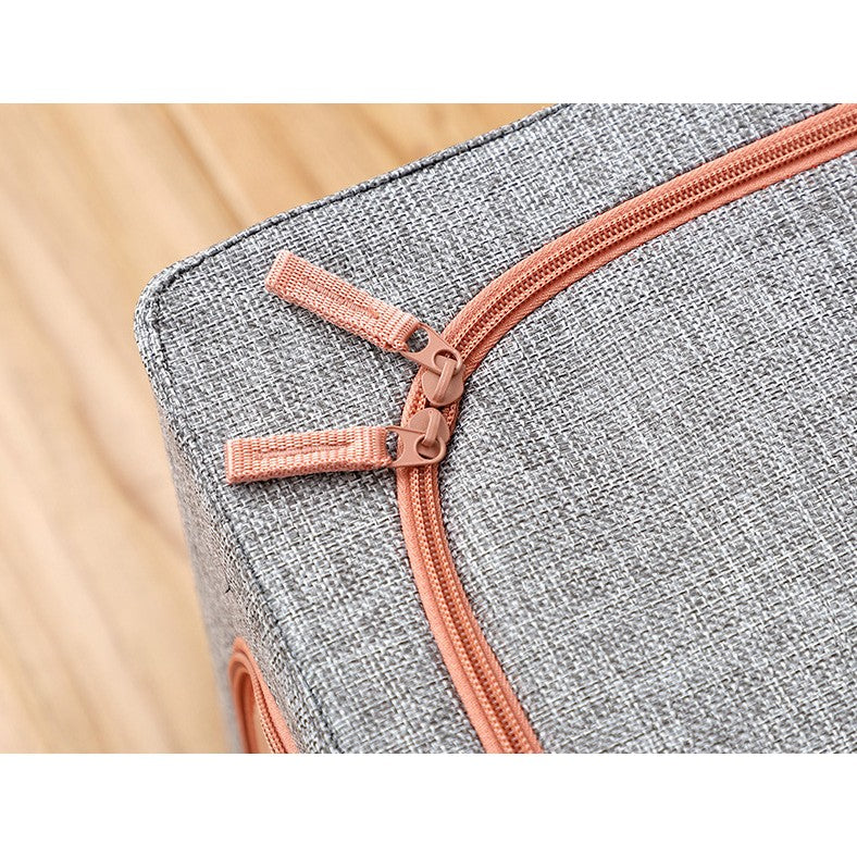 Cutie de Depozitare Pliabila, Kaveny, 24 L, din Bumbac si In, 40x30x20 cm, Fereastra Frontala, 2 Usi de Acces cu Fermoar Bidirectional, Cadru Metalic, Suport Baza Stabil din Plastic, Gri