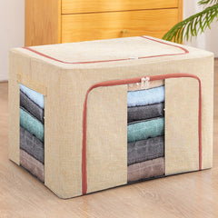 Cutie de Depozitare Pliabila, Kaveny, 24 L, din Bumbac si In, 40x30x20 cm, 2 Ferestre, Frontala si Laterala, 2 Usi de Acces cu Fermoar Bidirectional, Cadru Metalic, Suport Baza Stabil din Plastic, Bej