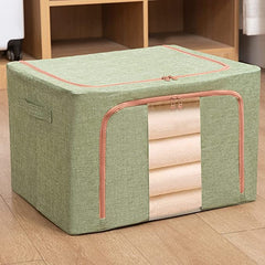Cutie de Depozitare Pliabila, Kaveny, 24 L, din Bumbac si In, 40x30x20 cm, Fereastra Frontala, 2 Usi de Acces cu Fermoar Bidirectional, Cadru Metalic, Suport Baza Stabil din Plastic, Verde