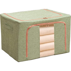 Cutie de Depozitare Pliabila, Kaveny, 24 L, din Bumbac si In, 40x30x20 cm, Fereastra Frontala, 2 Usi de Acces cu Fermoar Bidirectional, Cadru Metalic, Suport Baza Stabil din Plastic, Verde