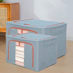 Cutie de Depozitare Pliabila, Kaveny, 66 L, din Bumbac si In, 50x40x33 cm, Fereastra Frontala Transparenta, 2 Usi de Acces cu Fermoar Bidirectional, Cadru Metalic, Suport Baza Stabil din Plastic, Bleu