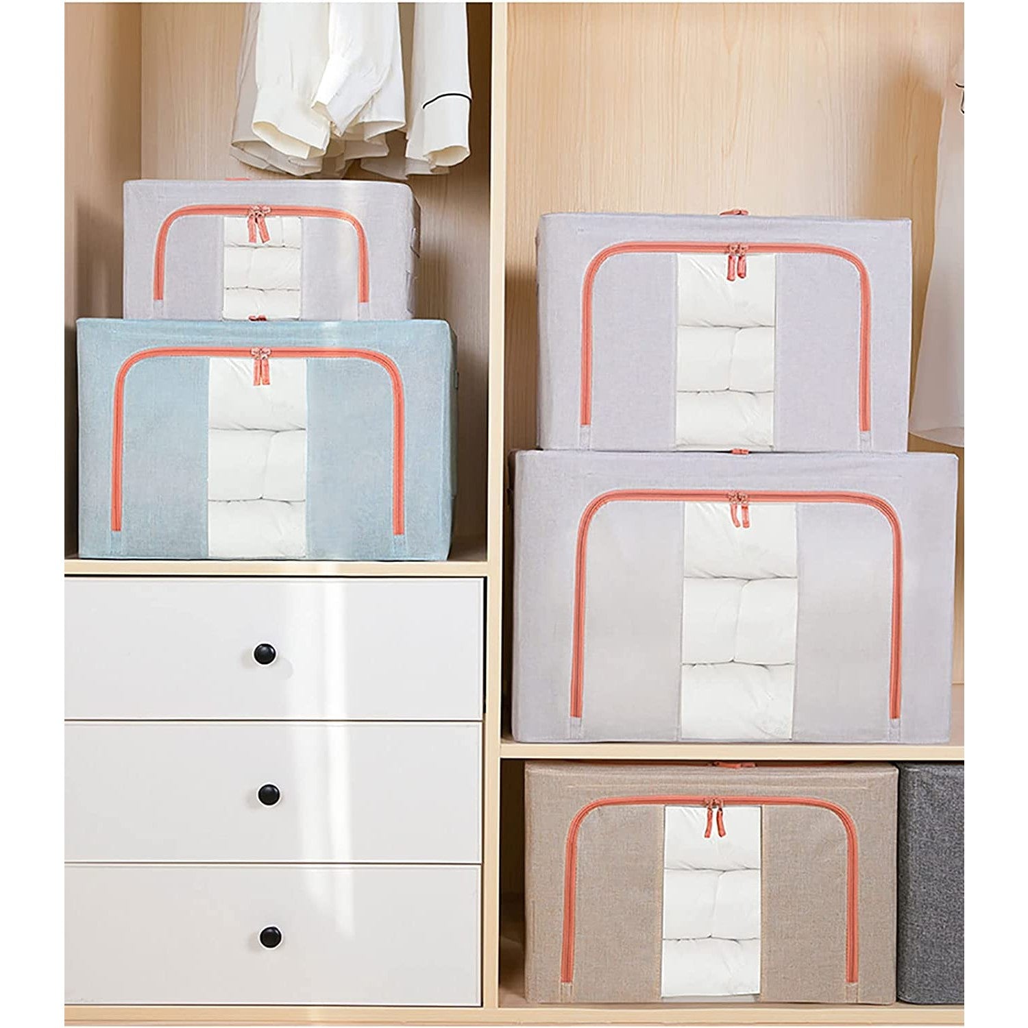 Cutie de Depozitare Pliabila, Kaveny, 66 L, din Bumbac si In, 50x40x33 cm, Fereastra Frontala Transparenta, 2 Usi de Acces cu Fermoar Bidirectional, Cadru Metalic, Suport Baza Stabil din Plastic, Bleu
