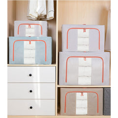 Cutie de Depozitare Pliabila, Kaveny, 66 L, din Bumbac si In, 50x40x33 cm, Fereastra Frontala Transparenta, 2 Usi de Acces cu Fermoar Bidirectional, Cadru Metalic, Suport Baza Stabil din Plastic, Bleu