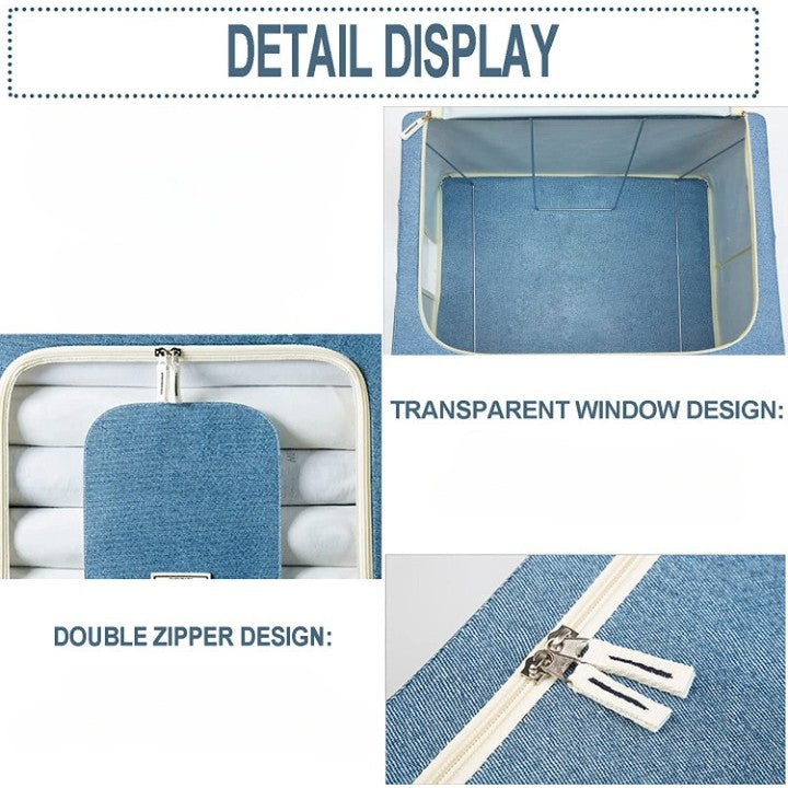 Cutie de Depozitare Pliabila, Kaveny, 66 L, din Bumbac si In, 50x40x33 cm, Fereastra Frontala Transparenta, 2 Usi de Acces cu Fermoar Bidirectional, Cadru Metalic, Suport Baza Stabil din Plastic, Bleu