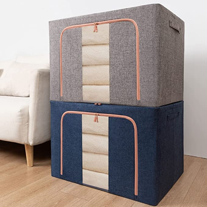 Cutie de Depozitare Pliabila, Kaveny, 66 L, din Bumbac si In, 50x40x33 cm, Fereastra Frontala, 2 Usi de Acces cu Fermoar Bidirectional, Cadru Metalic, Suport Baza Stabil din Plastic, Albastru Marin