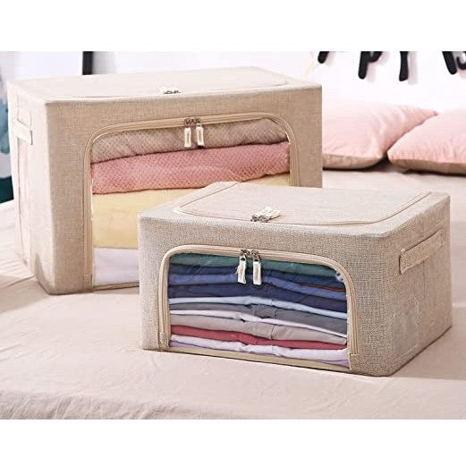 Cutie de depozitare pliabila, Kaveny, Cu fermoar, 66 L, Textil, 50x40x33 cm, Cadru Metalic, Suport Baza Stabil din Plastic, Crem