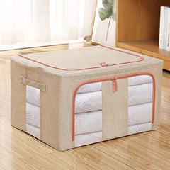 Cutie de depozitare pliabila, Kaveny, Cu fermoar, 66 L, Textil, 50x40x33 cm, Cadru Metalic, Suport Baza Stabil din Plastic, Crem