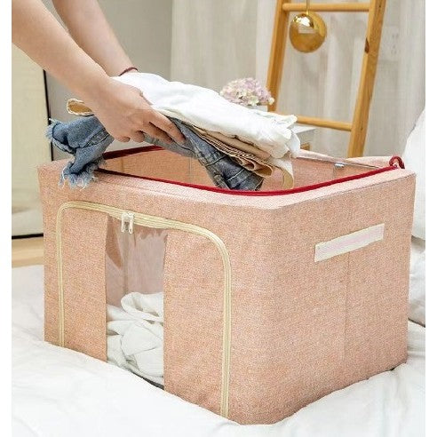Cutie de depozitare pliabila, Kaveny, Cu fermoar, 66 L, Textil, 50x40x33 cm, Cadru Metalic, Suport Baza Stabil din Plastic, Crem