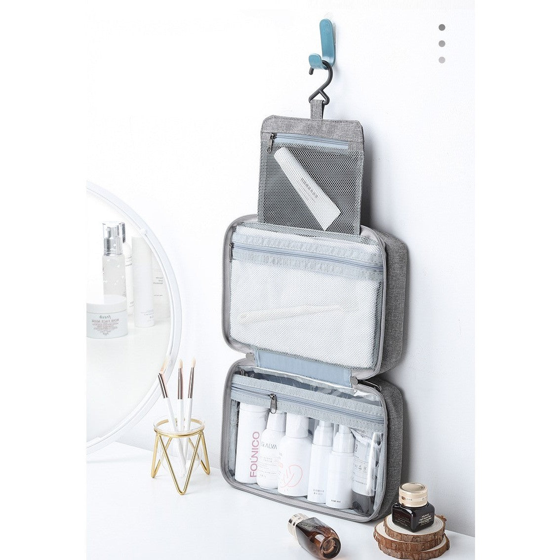 Geanta cosmetice voiaj, Kadeny, material textil, impermeabil, Gri, 12.5 x 9 x 22 cm