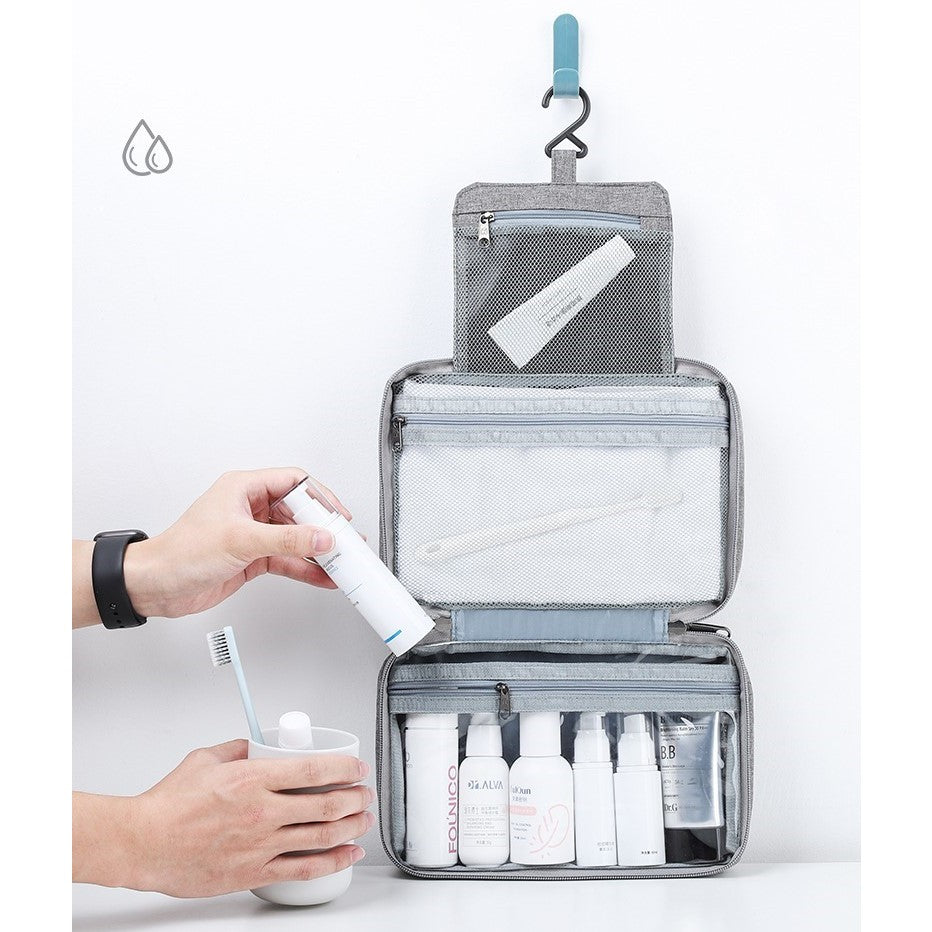 Geanta cosmetice voiaj, Kadeny, material textil, impermeabil, Gri, 12.5 x 9 x 22 cm