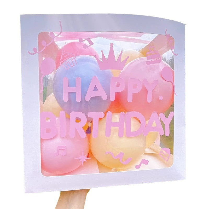 Cutie pentru Baloane, Kaveny, Tematica Aniversare, Model Scris Happy Birthday, Baloane Albastre, Roz, Galbene si Panglica Incluse, Contur Alb, Transparenta, 30x30 cm