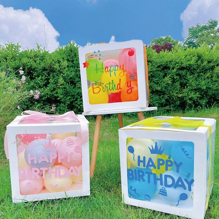 Cutie pentru Baloane, Kaveny, Tematica Aniversare, Model Scris Happy Birthday, Baloane Albastre, Roz, Galbene si Panglica Incluse, Contur Alb, Transparenta, 30x30 cm