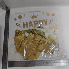 Cutie pentru Baloane, Kaveny, Tematica Aniversare, Model Scris Happy Birthday, Baloane Aurii, Albe si Panglica Incluse, Contur Alb, Transparenta, 30x30 cm