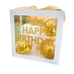 Cutie pentru Baloane, Kaveny, Tematica Aniversare, Model Scris Happy Birthday, Baloane Aurii, Albe si Panglica Incluse, Contur Alb, Transparenta, 30x30 cm
