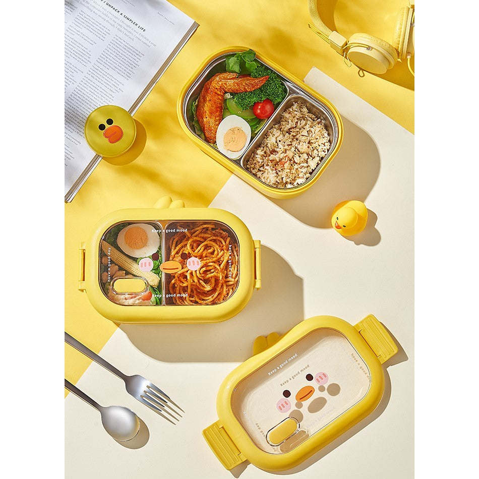 Cutie pentru Pranz sau Gustari, Kadeny, cu Doua Compartimente, Model Ratusca, pentru Copii si Adulti, Etansare, PP, Perfect pentru Scoala si Birou, 1000 mL, 22.5x14.5x8 cm, Galben