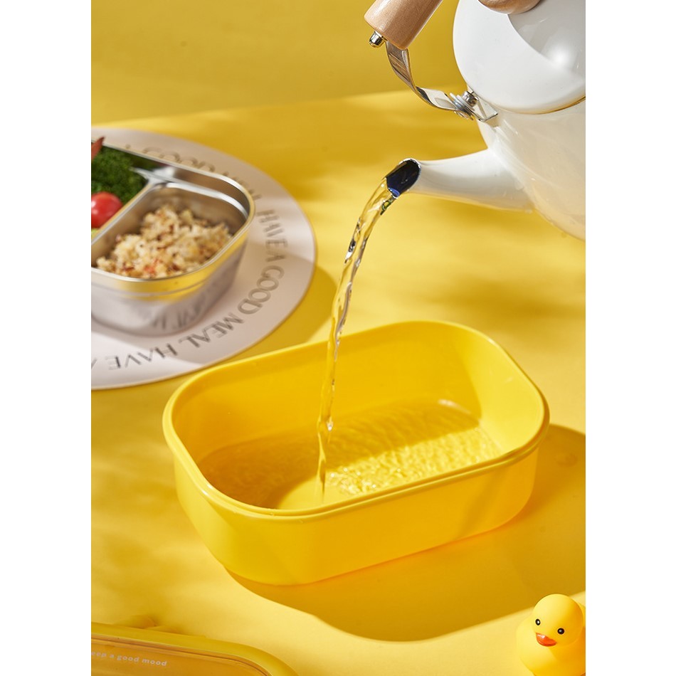 Cutie pentru Pranz sau Gustari, Kadeny, cu Doua Compartimente, Model Ratusca, pentru Copii si Adulti, Etansare, PP, Perfect pentru Scoala si Birou, 1000 mL, 22.5x14.5x8 cm, Galben